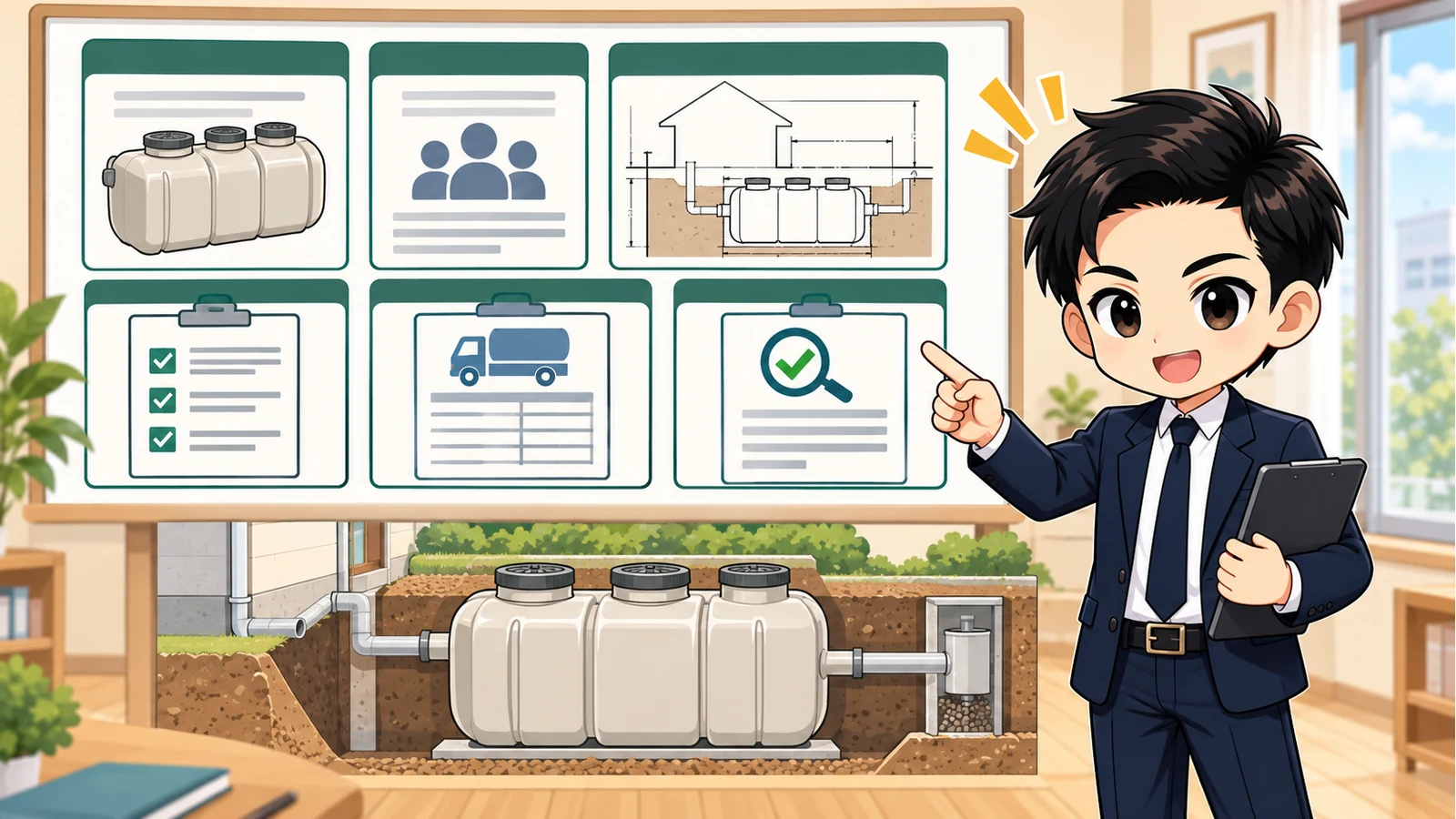 ざわ先生が中古戸建ての浄化槽型式・人槽・設置図・保守点検・清掃・法定検査記録を照合する図解