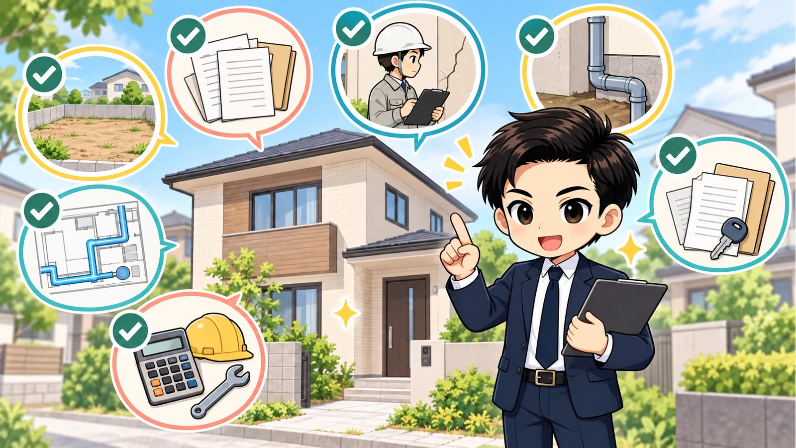 ざわ先生が「浄化槽付き中古住宅を買う前の注意点｜種類・点検記録・放流先を確認」の確認ポイントをまとめるイラスト