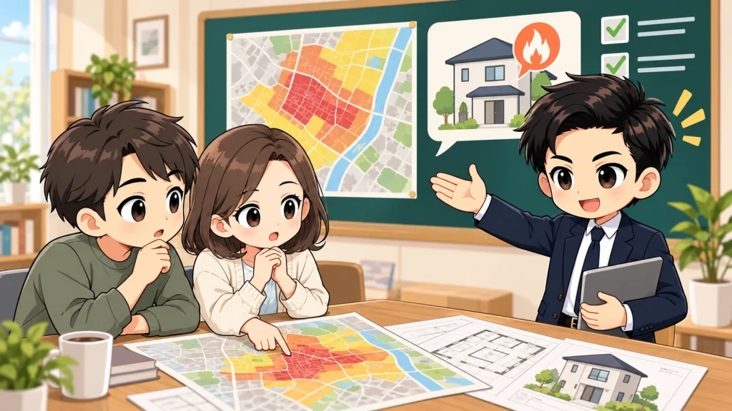 ざわ先生が防火地域・準防火地域の住宅購入で区域指定と建物条件を確認するイラスト