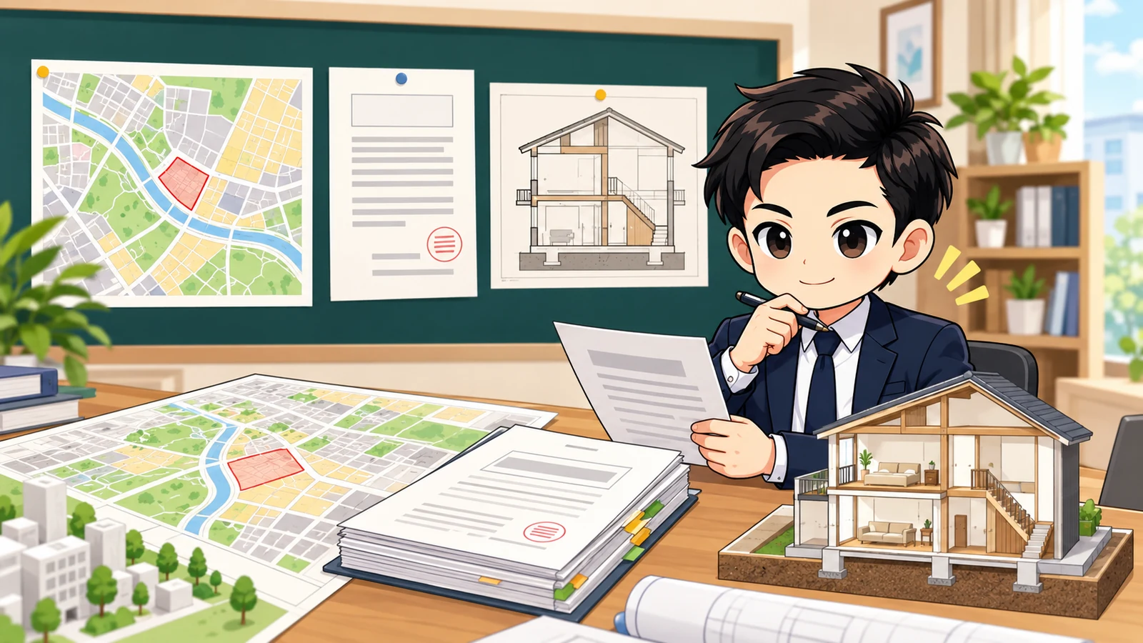 ざわ先生が都市計画図、重要事項説明書、確認済証で防火指定と建物構造を照合する図解