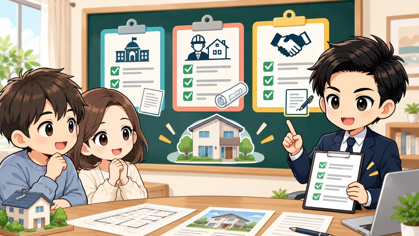 ざわ先生が「防火地域・準防火地域の家を買う前に｜指定・構造・改修条件を確認」の確認ポイントをまとめるイラスト