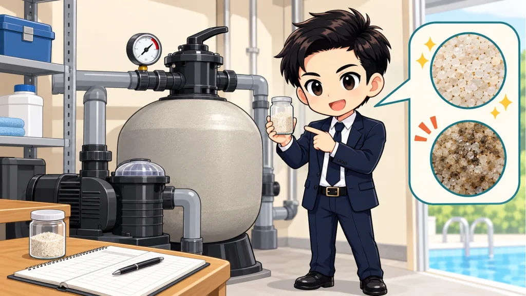 ざわ先生が施工型自宅プールの砂ろ過器とろ過砂の交換判断を説明するイラスト