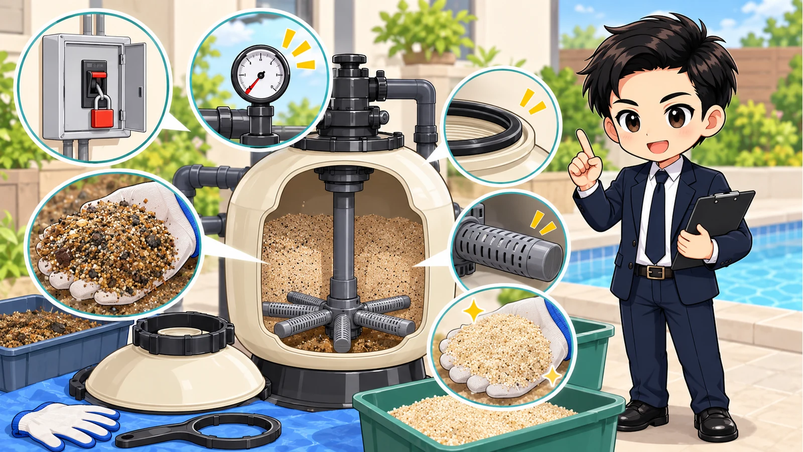 ざわ先生が固定式プールの砂ろ過器でろ材・集水部品・パッキンの専門点検を案内する図解