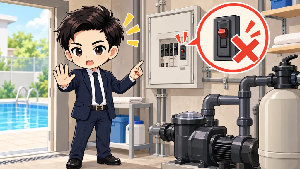 ざわ先生が施工型自宅プールの循環ポンプと落ちたブレーカーの安全確認を説明するイラスト