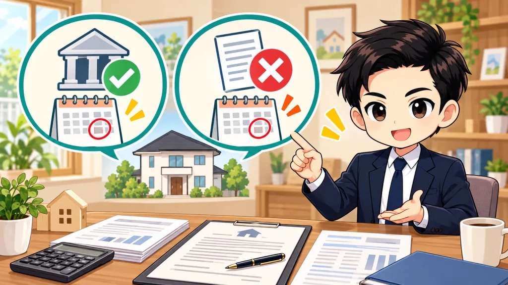 ざわ先生が住宅購入のローン特約と承認期限・解除期限を説明するイラスト