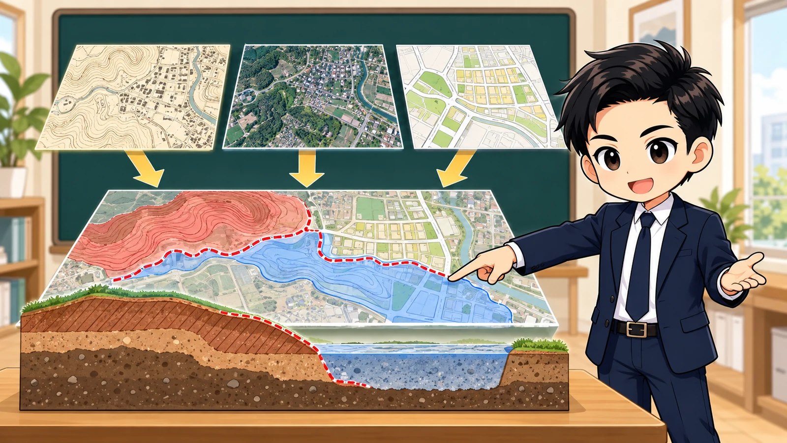 ざわ先生が旧地形図・造成計画図・検査書類を重ねて切土と盛土の境界を確認する図解