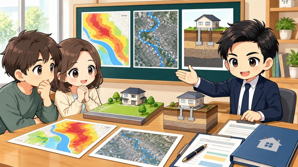 ざわ先生が液状化リスクのある土地で地形・地盤・対策費の確認順を説明するイラスト