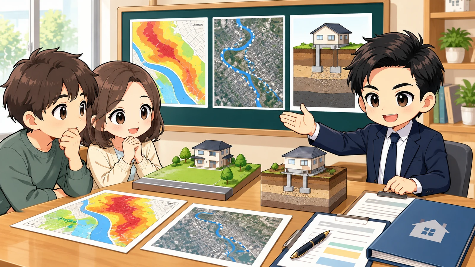 ざわ先生が液状化リスクのある土地で地形・地盤・対策費の確認順を説明するイラスト