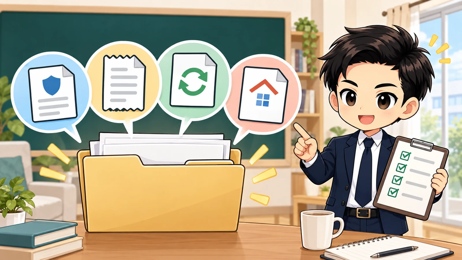 ざわ先生が「引っ越し時の賃貸火災保険|継続・住所変更・解約の確認順」の確認ポイントをまとめるイラスト