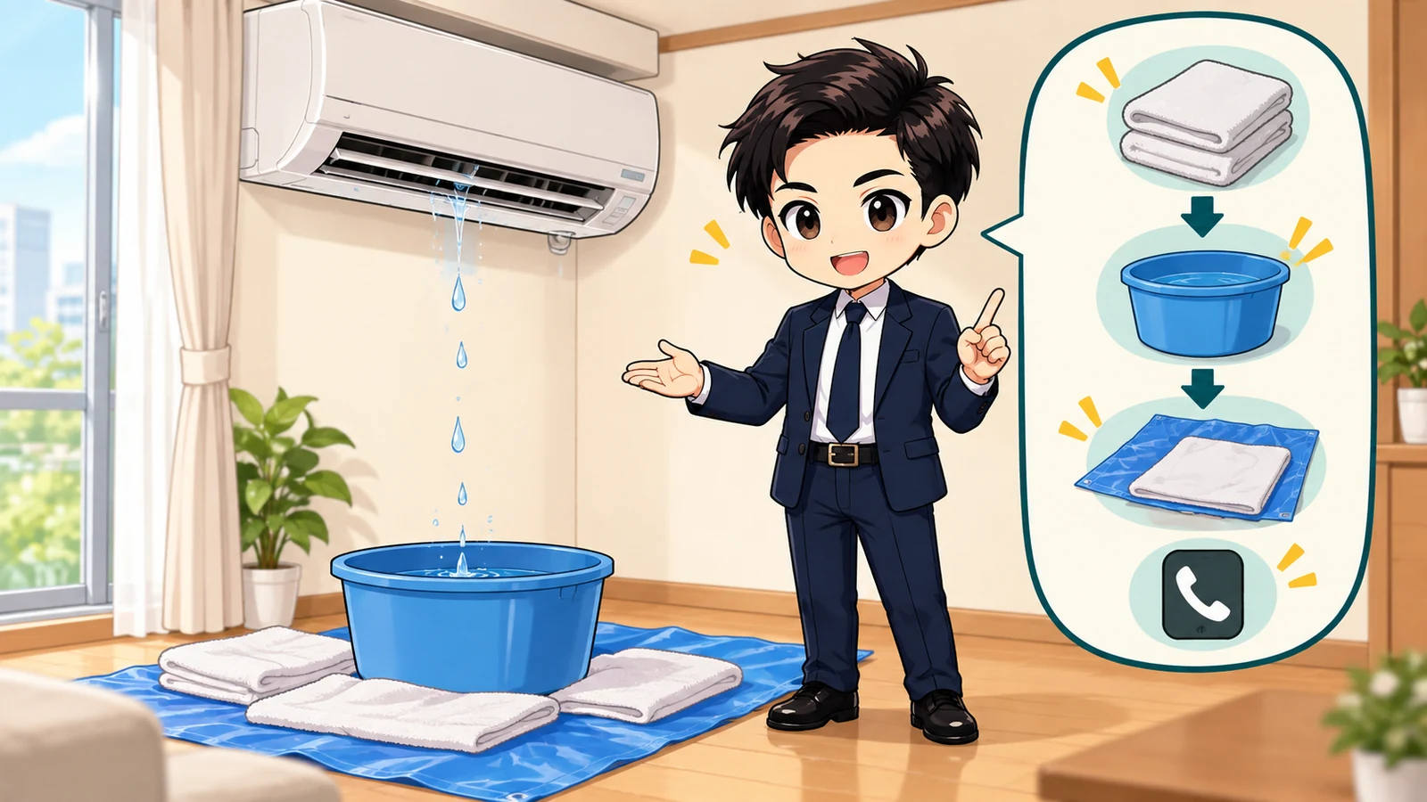 ざわ先生が賃貸のエアコン水漏れで停止・養生・管理会社連絡を説明するイラスト