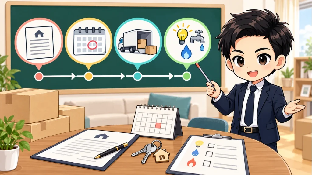 ざわ先生が賃貸の解約日・退去日・立会い日・鍵返却日の違いを説明するイラスト