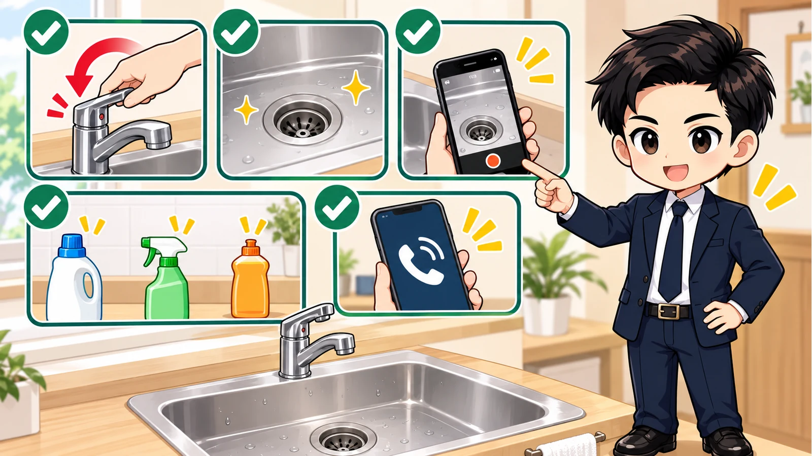 ざわ先生が排水の逆流停止・写真記録・管理会社連絡の順番を案内する図解