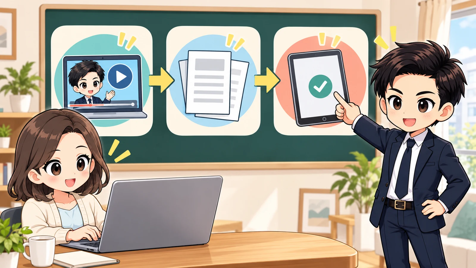 ざわ先生が賃貸のIT重説と電子契約を分けて確認する手順を説明するイラスト