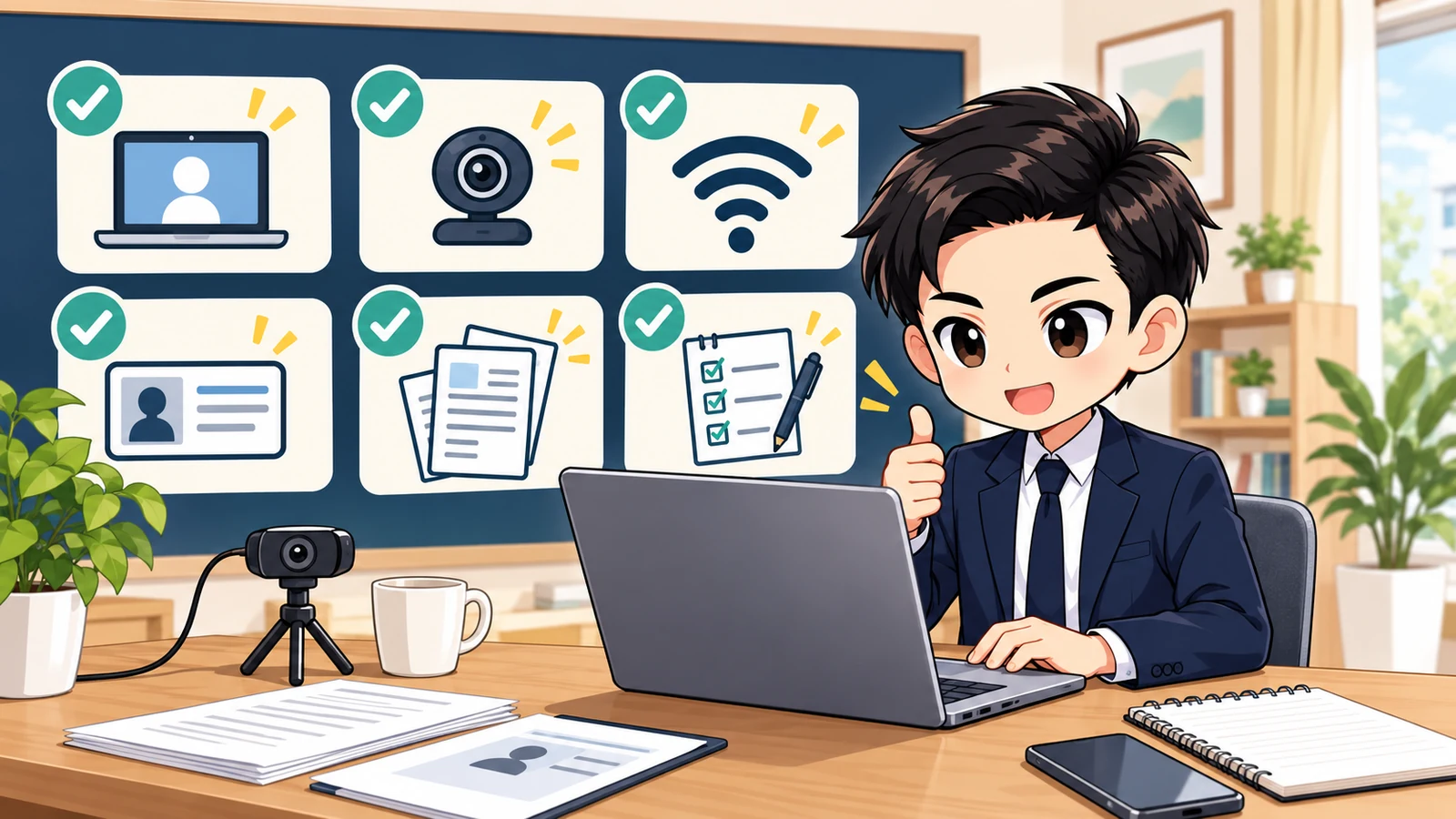 ざわ先生が端末、通信、本人確認、重要事項説明書を使ってIT重説の準備を示す図解