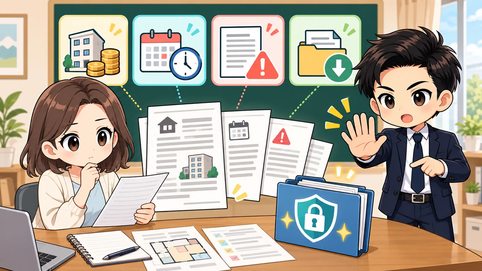 ざわ先生が電子署名前の特約確認と締結済み書類の保存手順を整理する図解