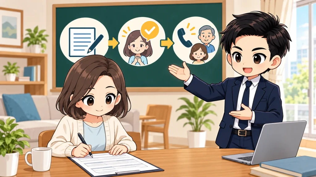 ざわ先生が賃貸契約の緊急連絡先を変更する届出手順を説明するイラスト
