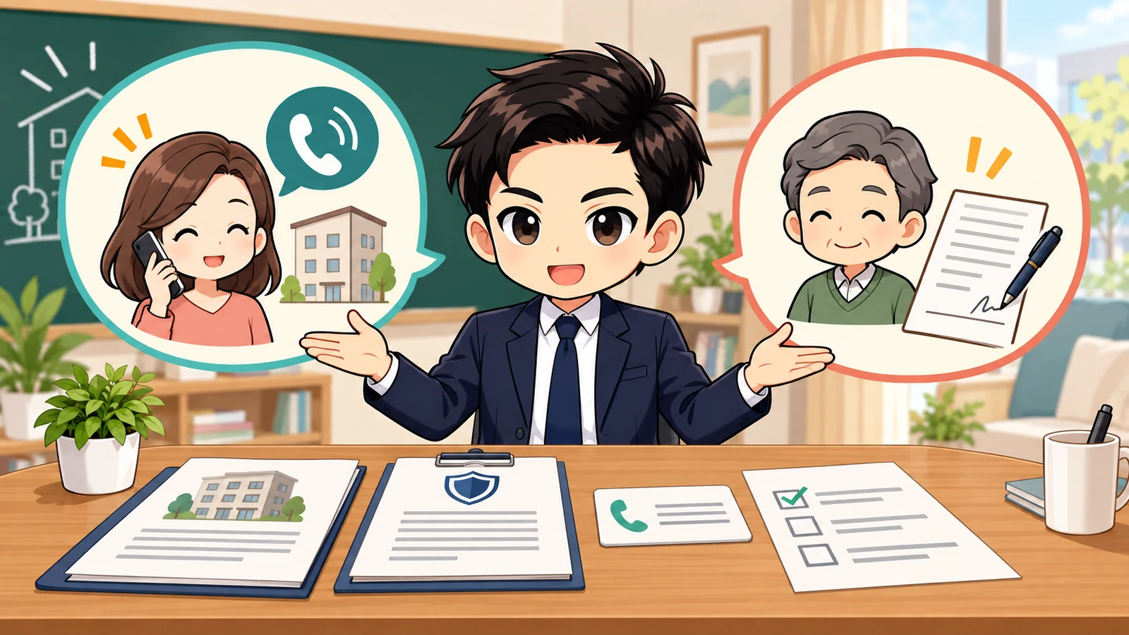 ざわ先生が賃貸契約書・保証会社書類と新しい緊急連絡先の同意を確認する図解