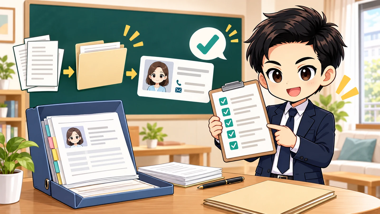 ざわ先生が「賃貸の緊急連絡先を変更する手続き｜本人同意と届出先を確認」の確認ポイントをまとめるイラスト