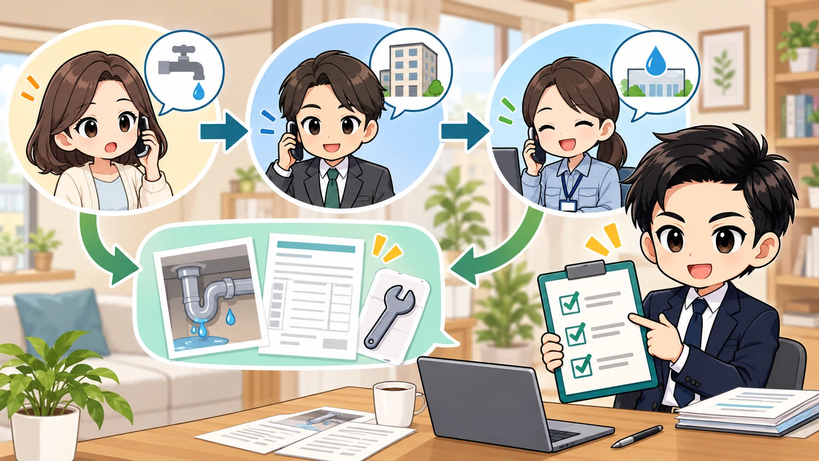 ざわ先生が管理会社と水道局へ記録を渡し修理・料金制度を確認する流れの図解