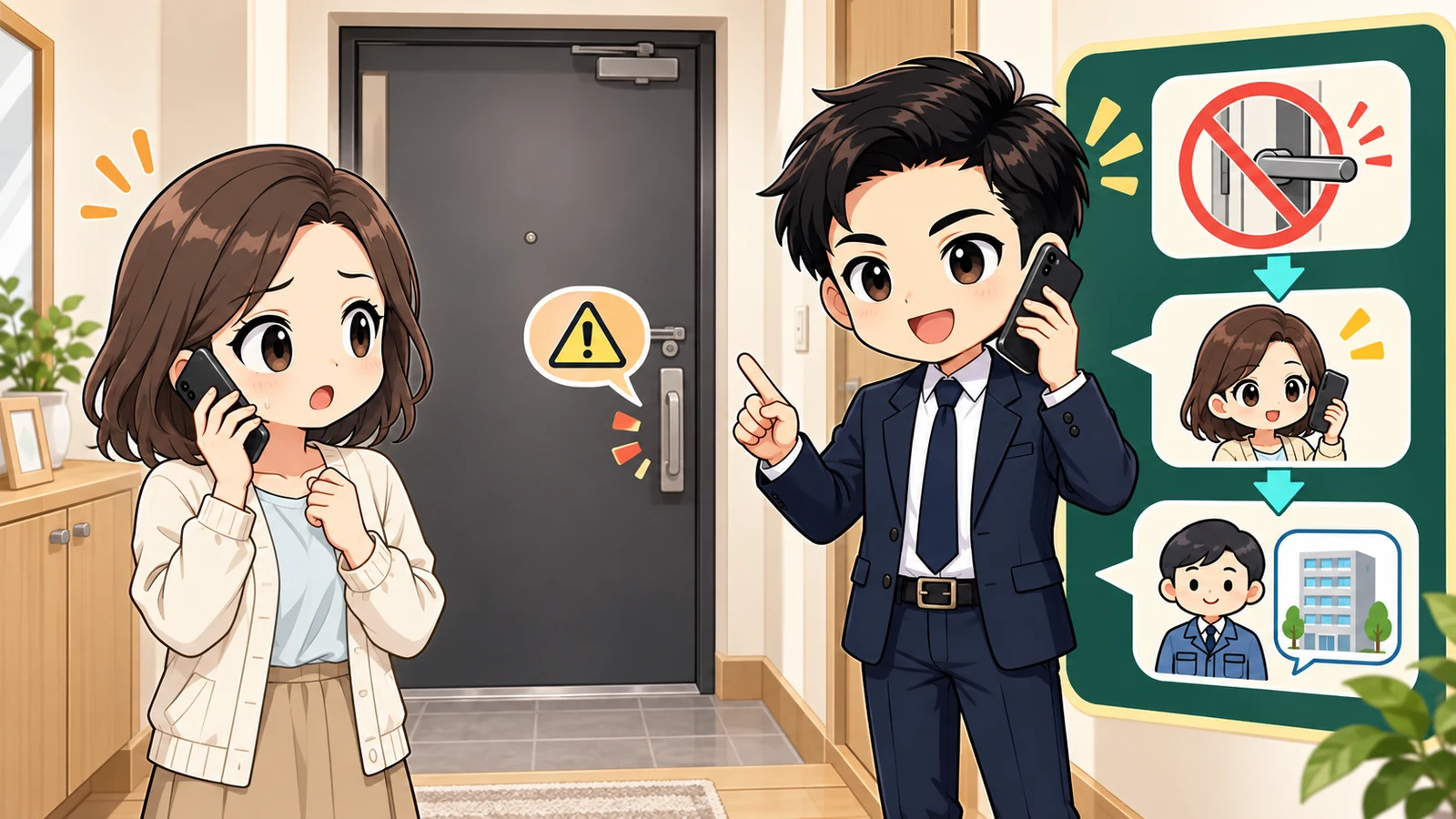 ざわ先生が賃貸玄関の鍵が回らないときの安全な確認と連絡順を説明するイラスト
