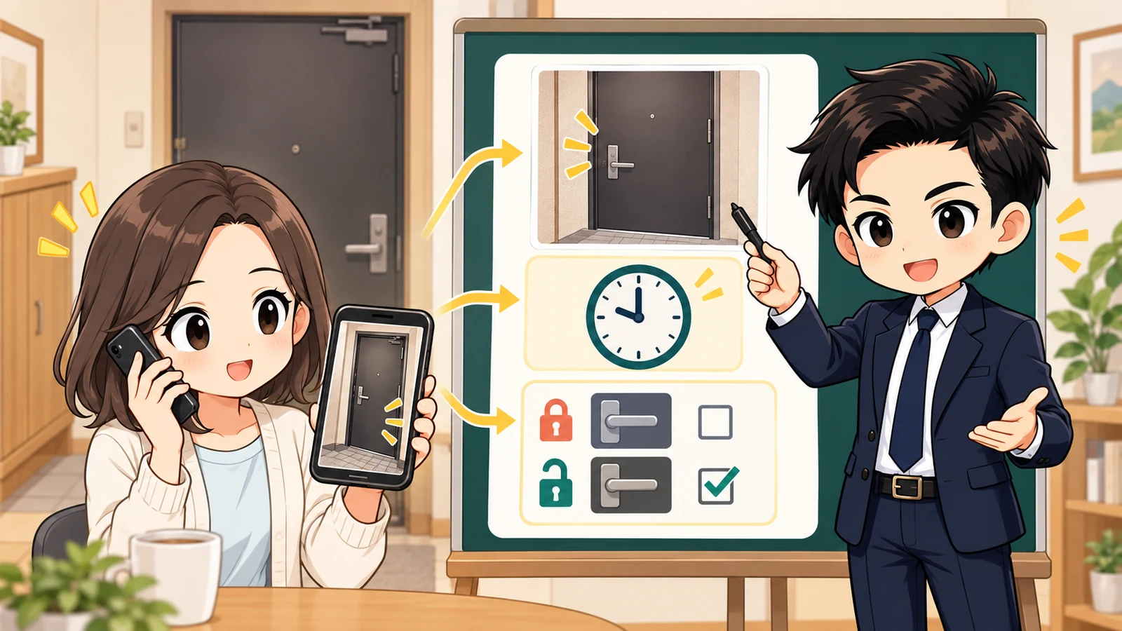 ざわ先生が管理会社へ鍵の症状・時刻・施錠状況を伝え業者手配を確認する図解
