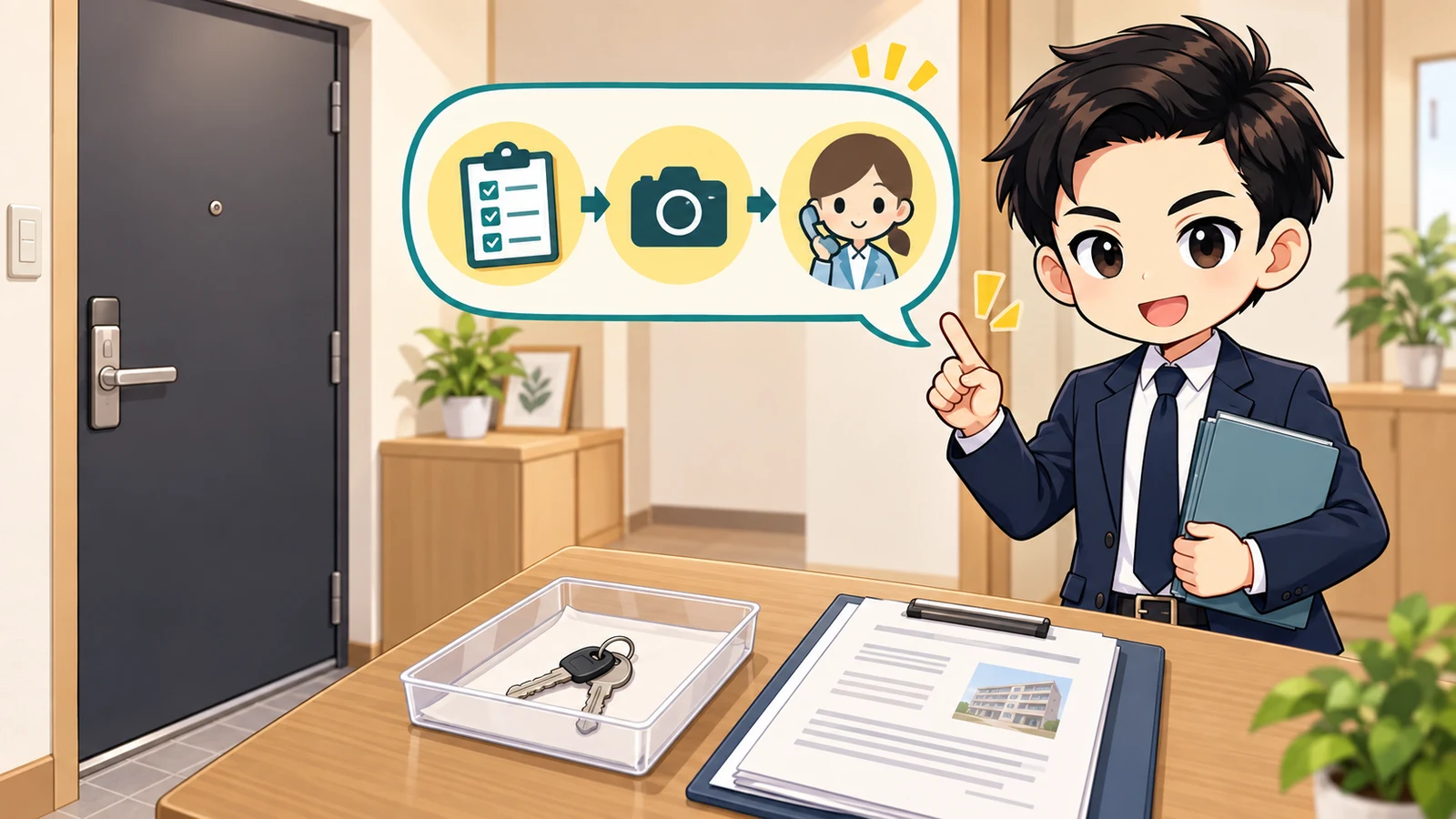 ざわ先生が「賃貸の鍵が回らないとき｜無理に動かさず管理会社へ連絡」の確認ポイントをまとめるイラスト
