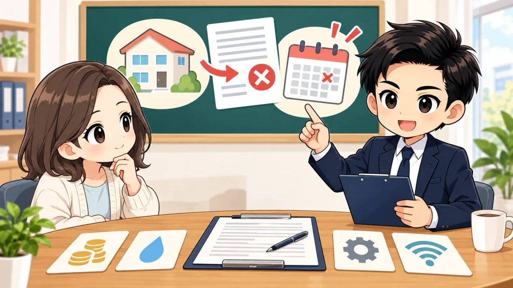 ざわ先生が賃貸契約書の短期解約違約金と1年・2年未満の条件を説明するイラスト