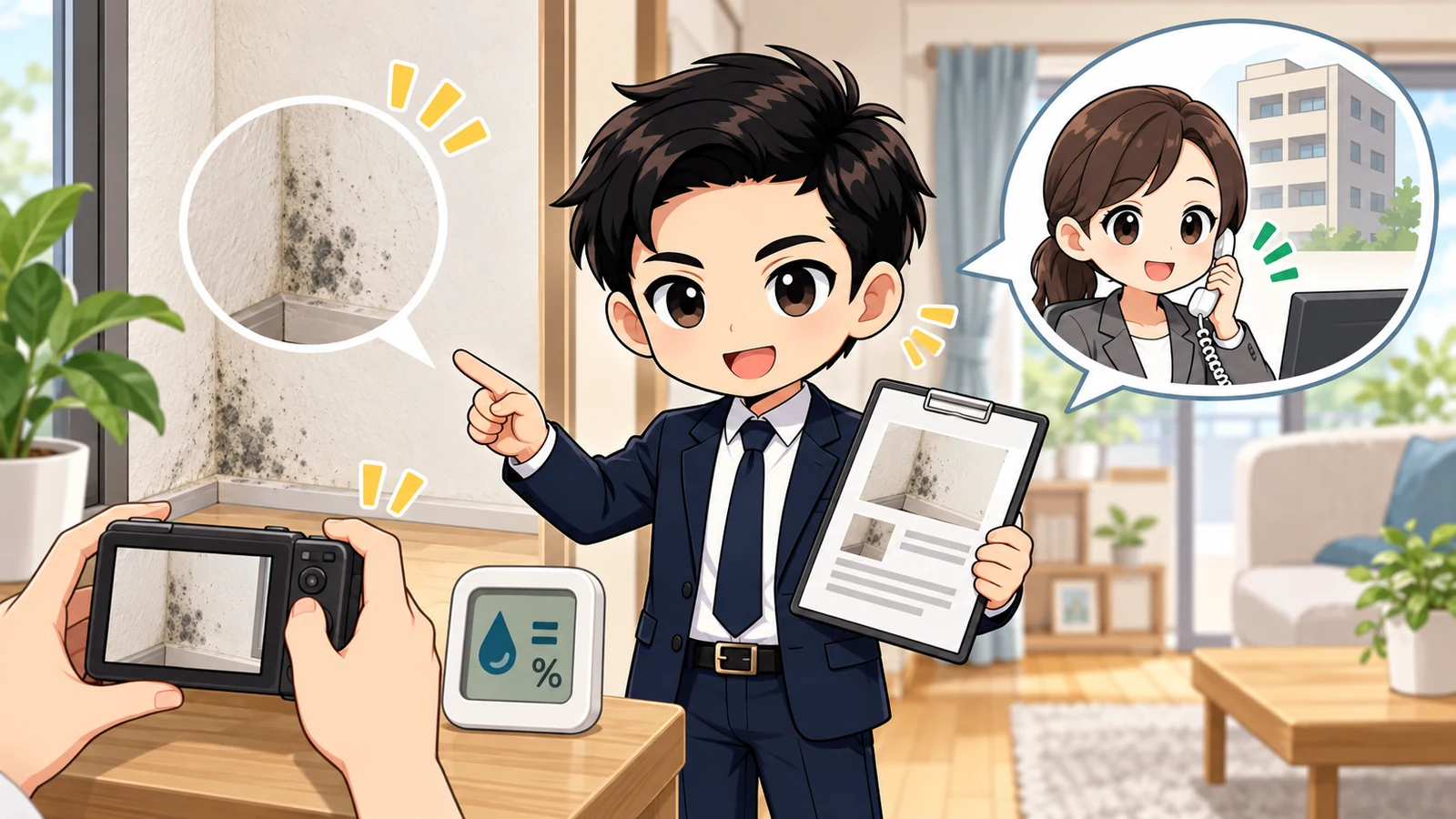 ざわ先生が賃貸の壁に発生したカビの記録と管理会社への連絡順を説明するイラスト
