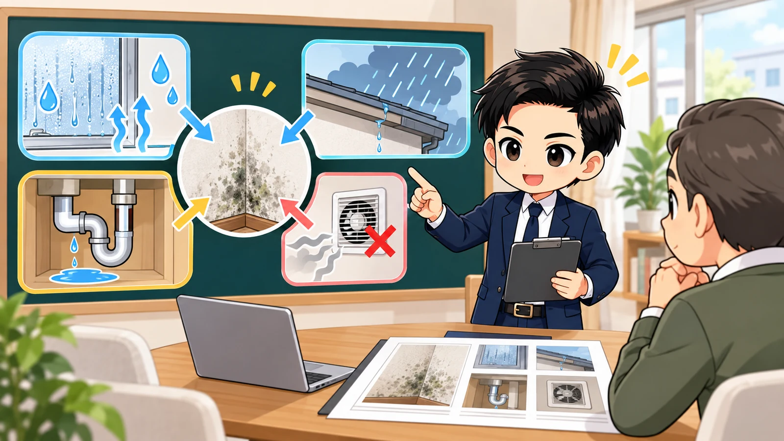 ざわ先生が結露・漏水・換気不良・家具配置を分けて管理会社へ報告する図解