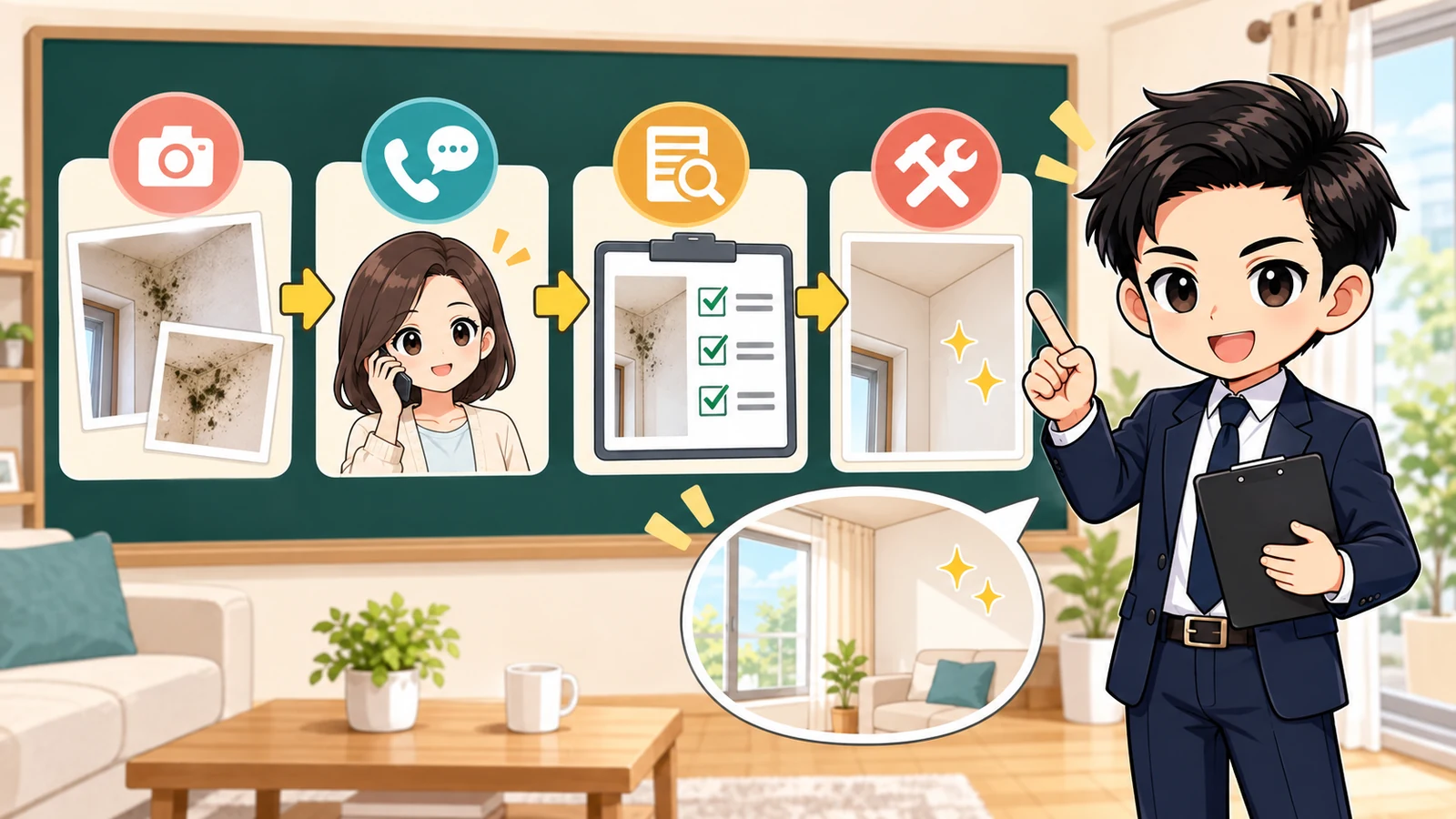 ざわ先生が「賃貸の壁にカビを見つけたら｜写真・換気・管理会社への連絡順」の確認ポイントをまとめるイラスト